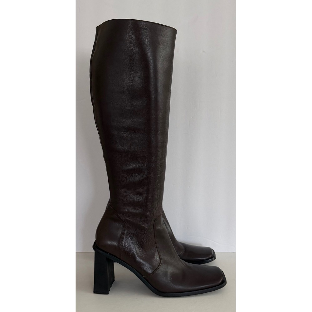 Vintage Bebe Brown Leather Square Toe Block Heel Knee High Boots Y2K 90s 40 8M